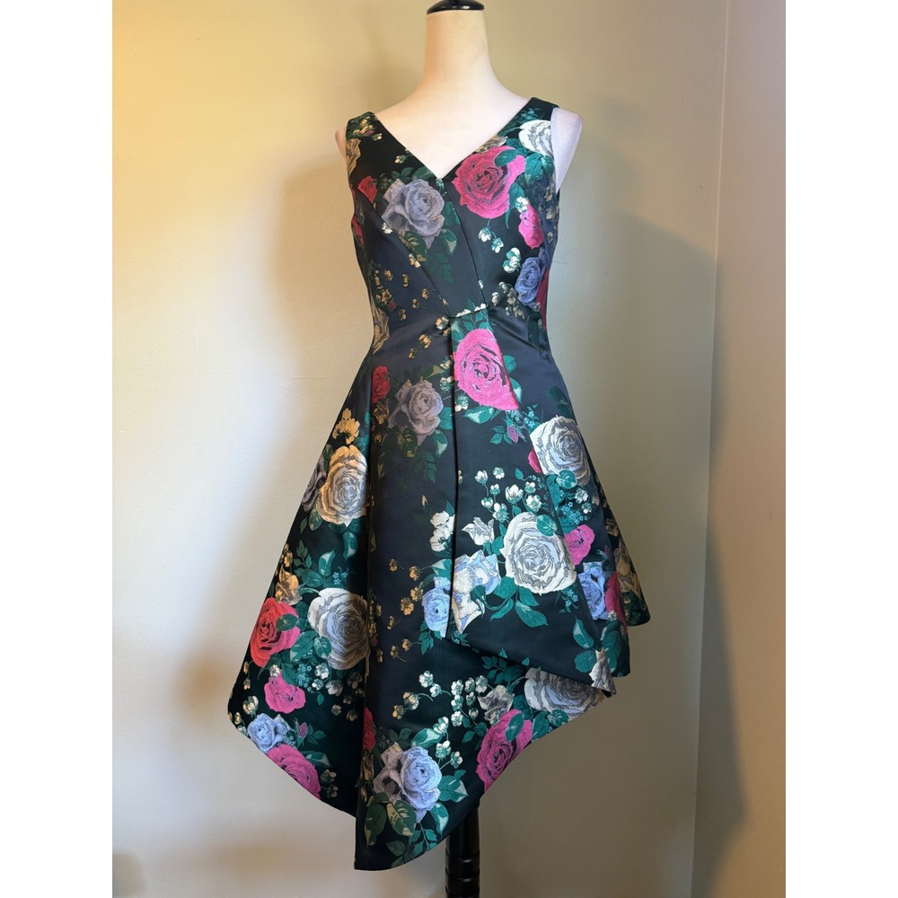 Tahari ASL Floral whimsi Cocktail Dress Black Pink 8 dainty boho retro cottage f